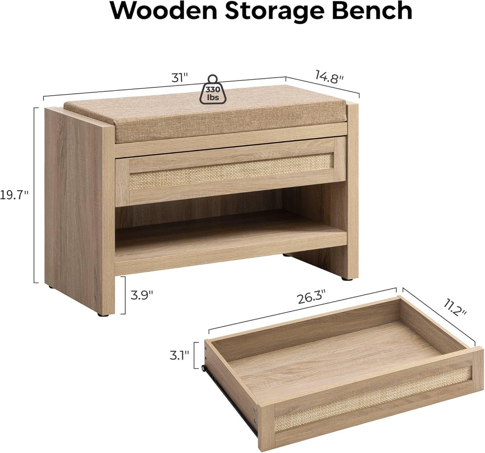 SICOTAS Rattan Shoe Bench Entryway Bench with Storage Drawer, Linen Cushion