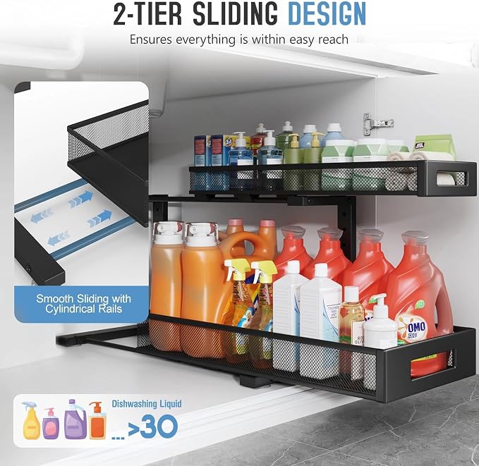 2 Pack 20.47IN Depth Under Sink Storage Organizer, Large 2-Tier Elegant Mesh