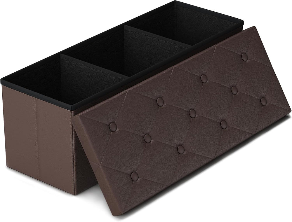 GLAXYFUR 43" Storage Ottoman Bench, Folding Ottoman with 2 Dividers, Brown