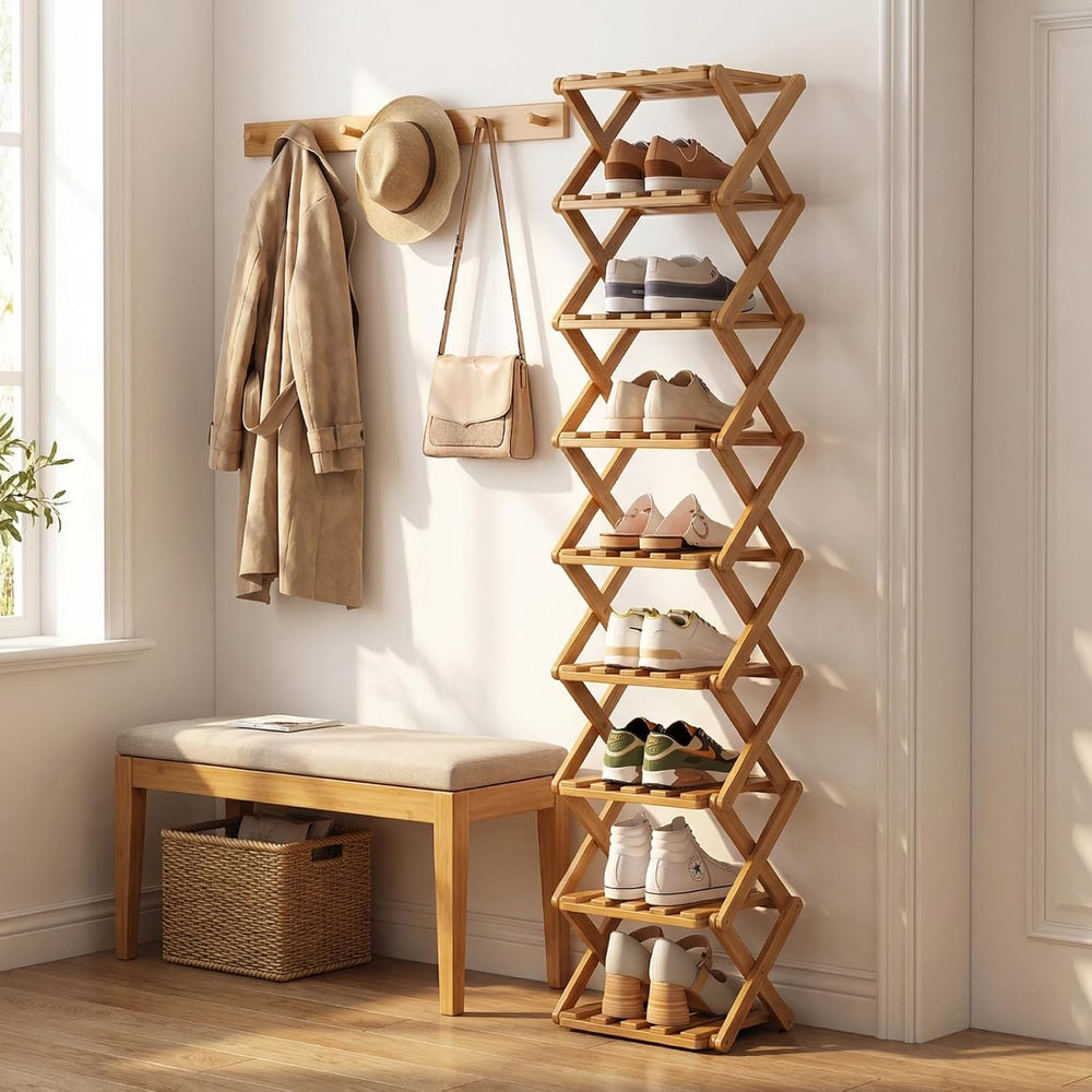 Foldable Bamboo Shoe Rack, 9-Tier No Assembly Shoe Organizer, Space-Saving Fr...