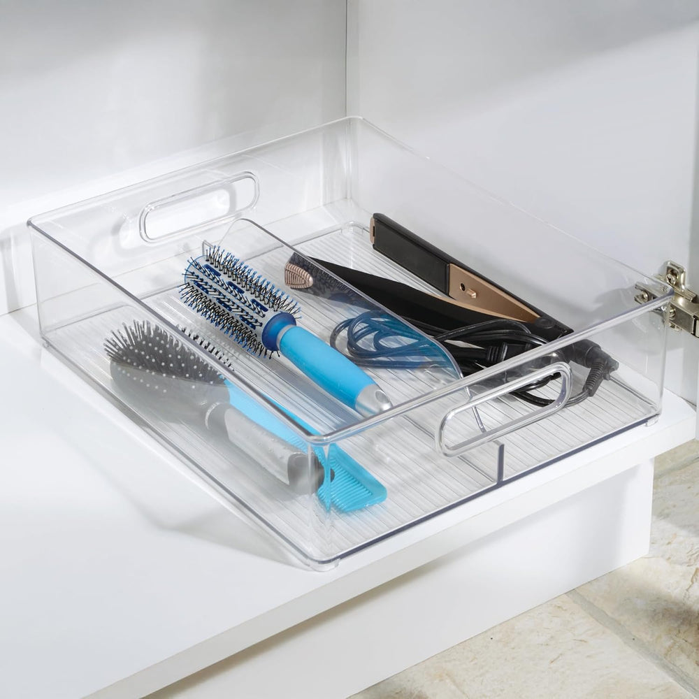 iDesign Divided Pantry Bin with Handles, Set of 3, Clear