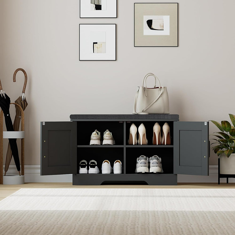 HOMSHO Farmhouse Shoe Storage Bench with 2 Barn Doors & Padded Seat Cushion