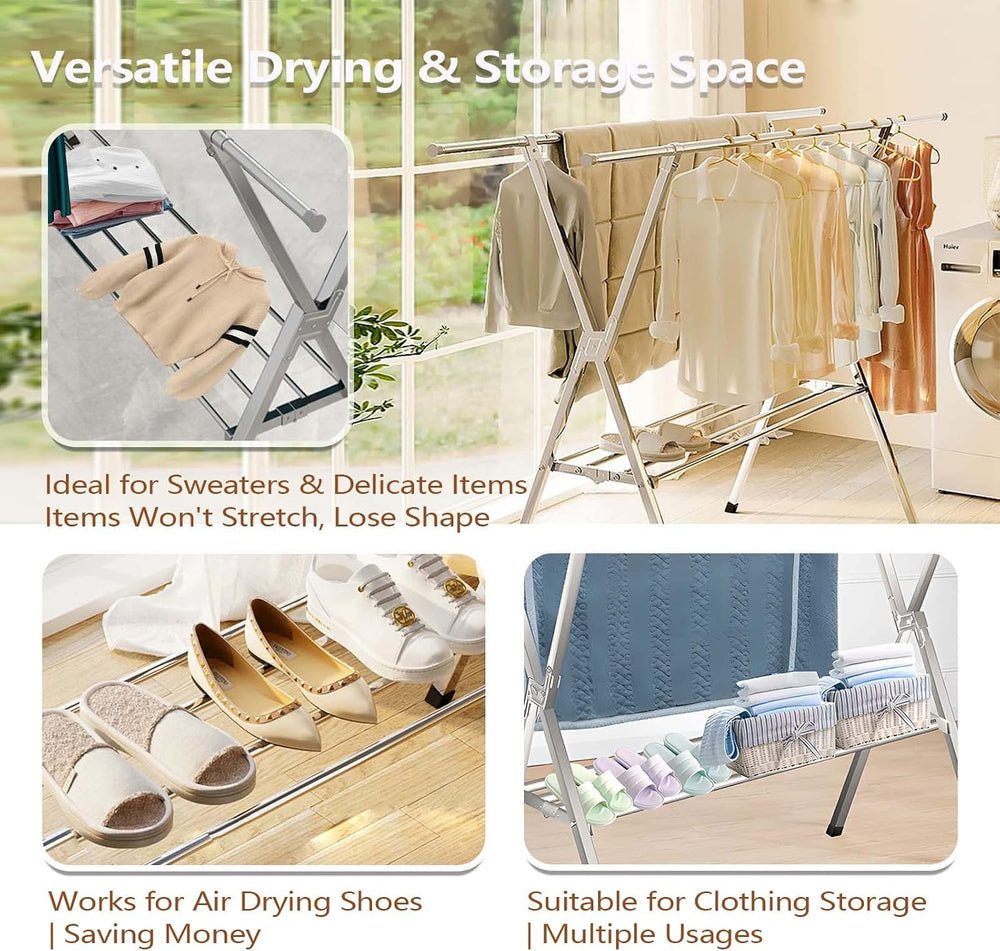 JAUREE Clothes Drying Rack 2 Tiers, Heavy Duty Drying Rack Clothing Folding I...