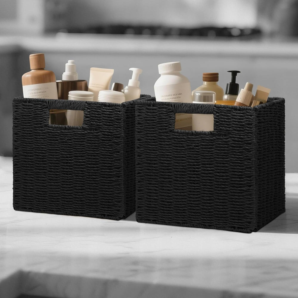 Wicker Storage Baskets for Organizing, 3 Pack Rustic Foldable Square Basket f...