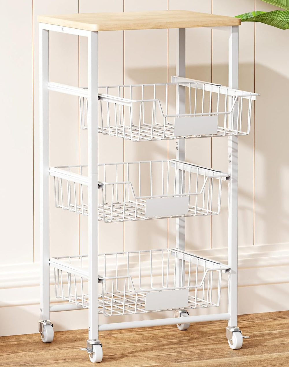 OKZEST 4-Tier Kitchen Storage Cart with 3 Upgraded Drawer Basket & Wood Top