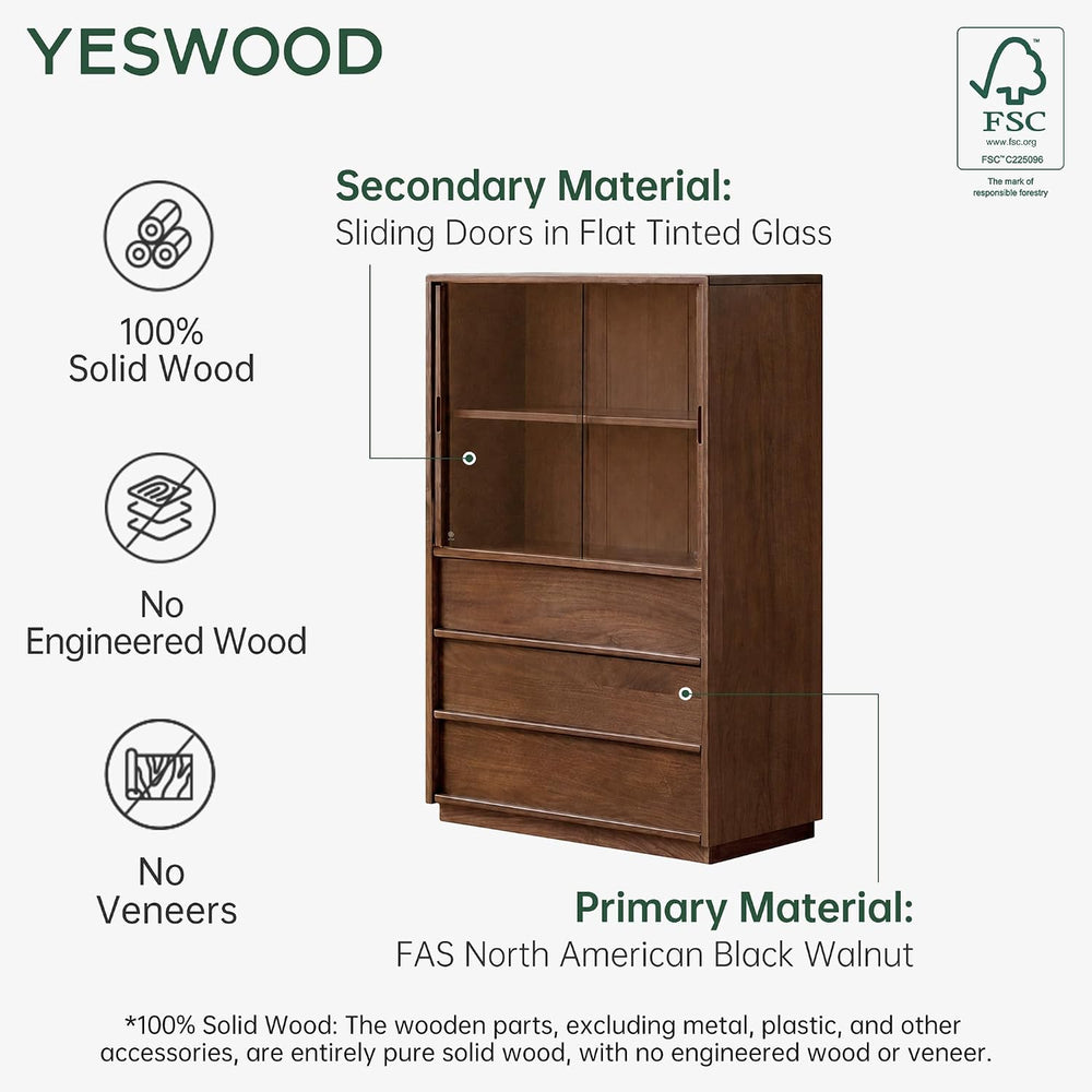 100% Solid Black Walnut Storage Cabinet with Dimmable LED, Glass Doors, Adjus...