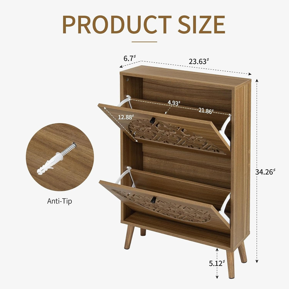 vistavie 6.7" Walnut Ultra-Slim Shoe Cabinet with 2 Flip Drawers,Heart-S...