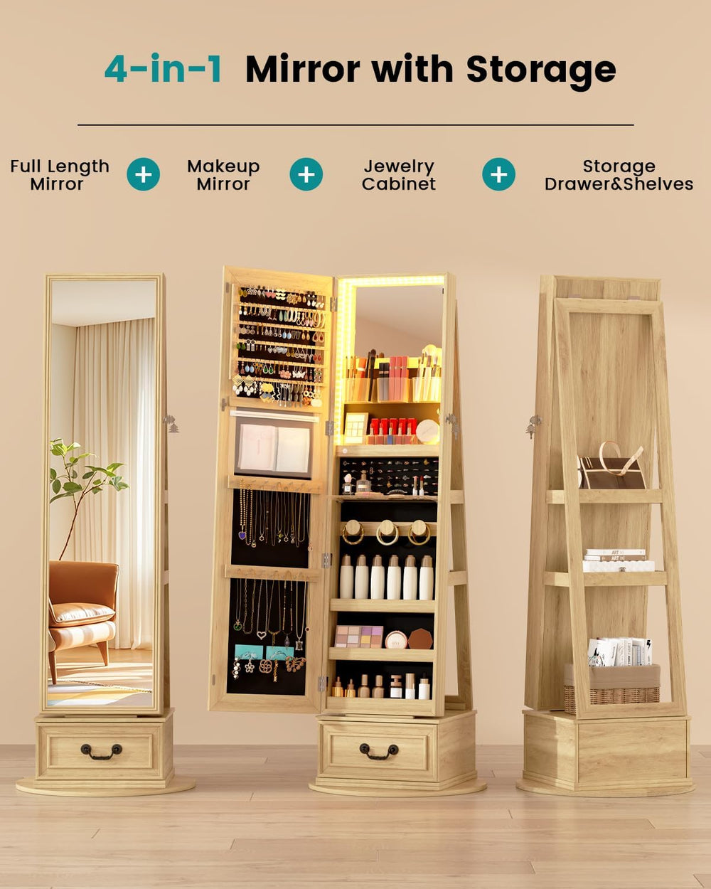 Vlsrka Mirror Jewelry Cabinet Standing with Lights, Lockable, Swivel, Wood