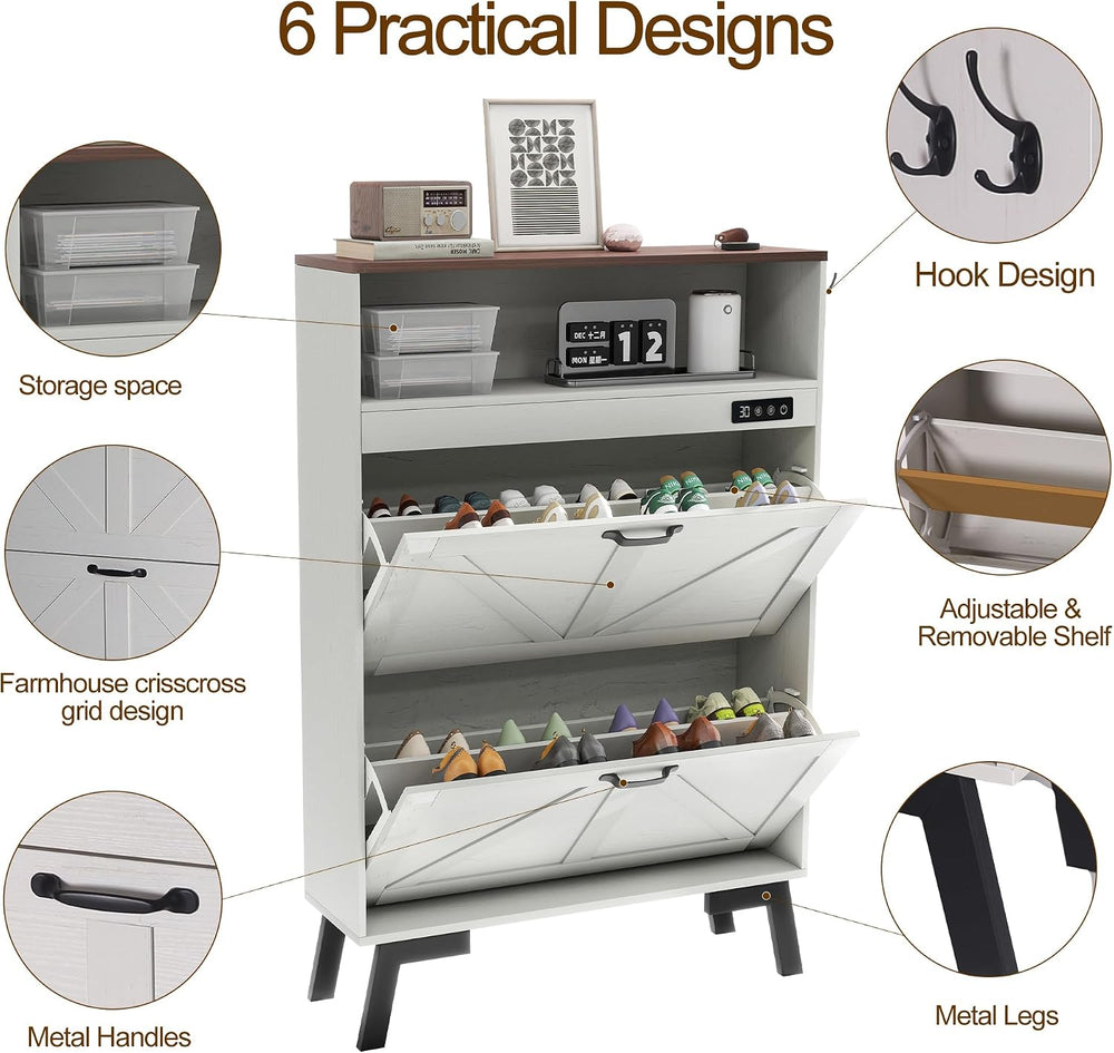 Shoe Cabinet with Deodorizer, Narrow White Entryway Storage, Anti-Tip