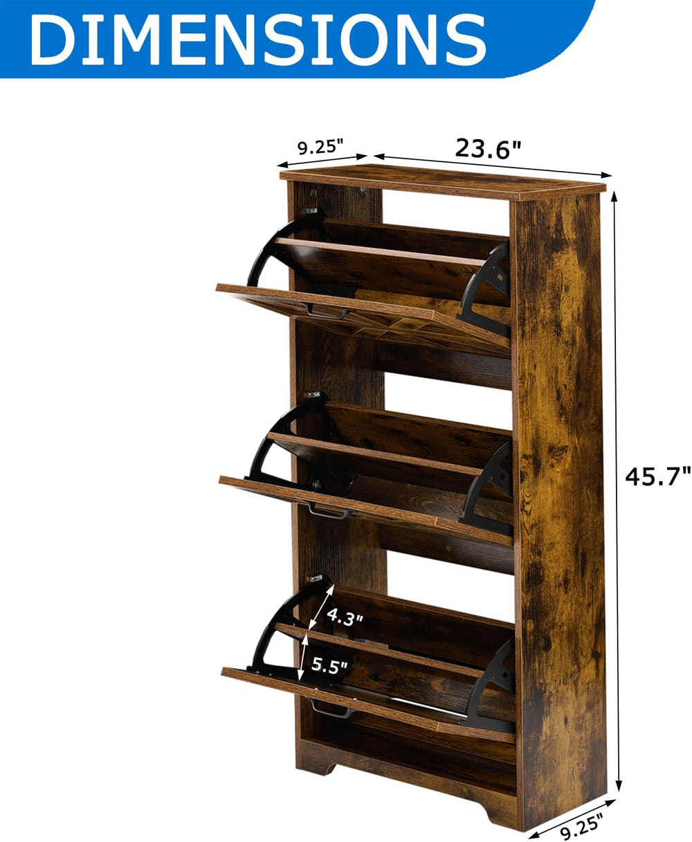 Shoe Cabinet with 3 Flip-Up Drawers, Adjustable Wooden Shoe Organizer with Sh...