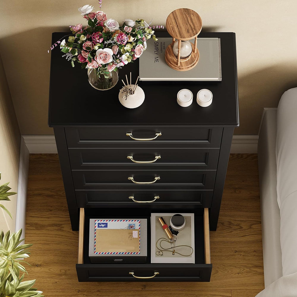 Gizoon 5 Drawer Dresser, Black Wood Chest of Drawers for Bedroom