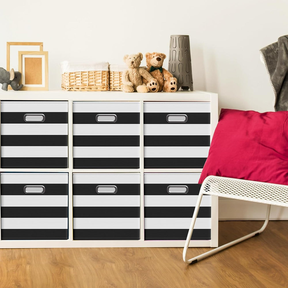 CroBlissful 11 Inch 6 Pcs Fabric Storage Cubes with Handle, Black and White