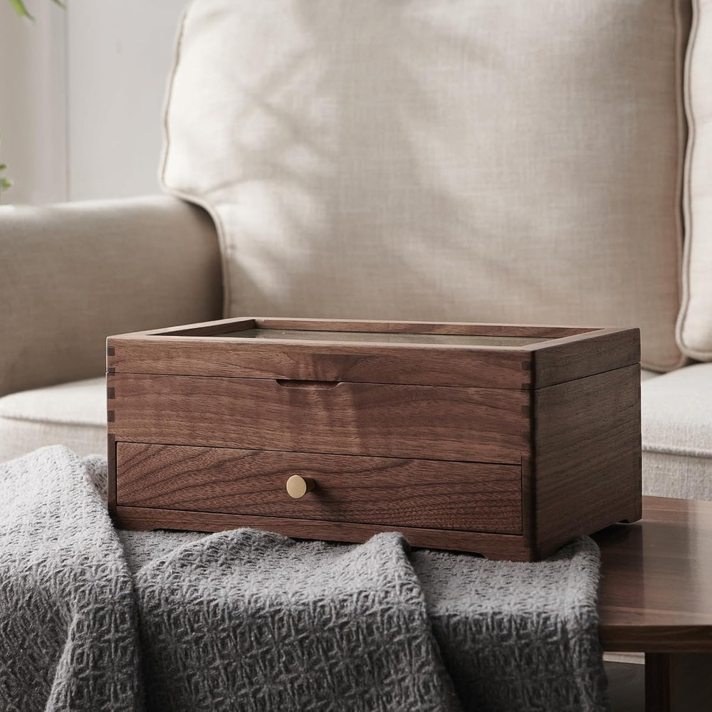 Beexchange Black Walnut Wooden Jewelry Box - Allwood, Handcrafted, Glass Lid ...