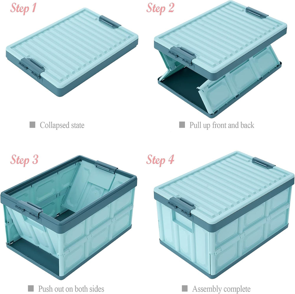 Blue Folding Plastic Stackable Utility Crates 2-Pack, Collapsible Storage Bin...