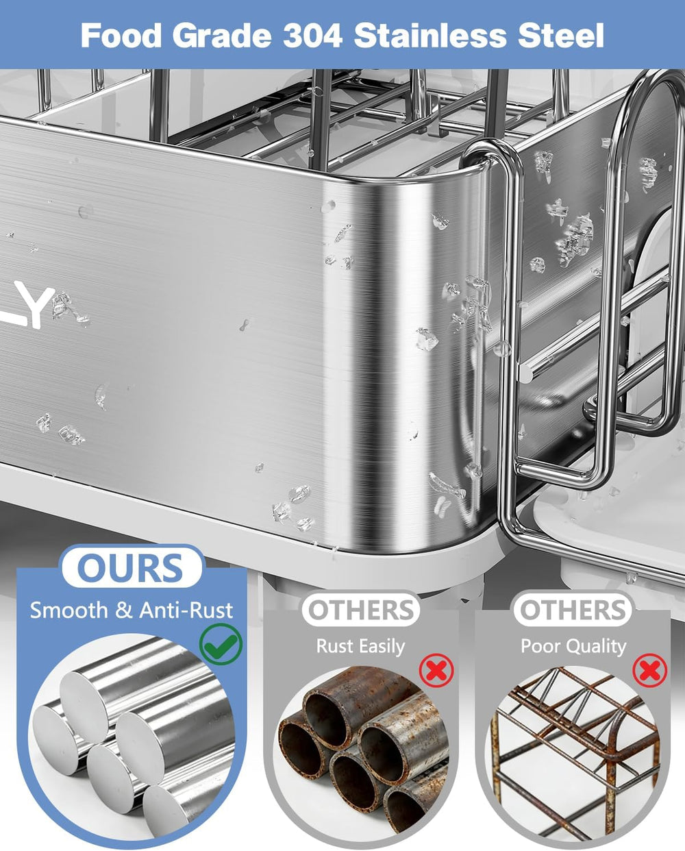 304 Stainless Steel Expandable Dish Drying Rack with Drain Spout, White