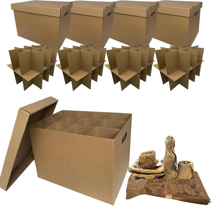 4 Sets Tape-Free Kitchen Moving Boxes 17x12x12" with 2-Layer Dividers