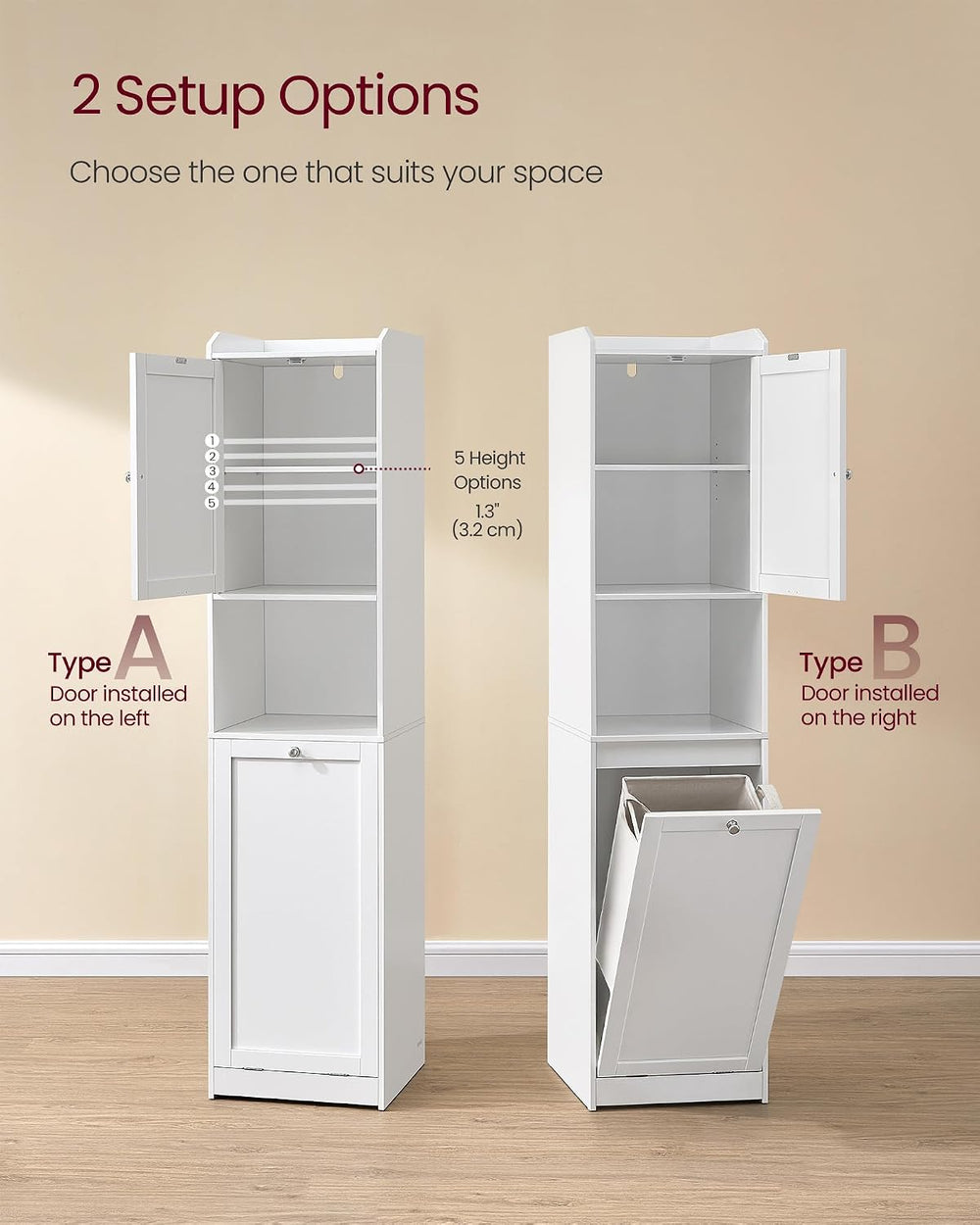 VASAGLE Tall Storage Cabinet, with Removable Laundry Basket, Cloud White