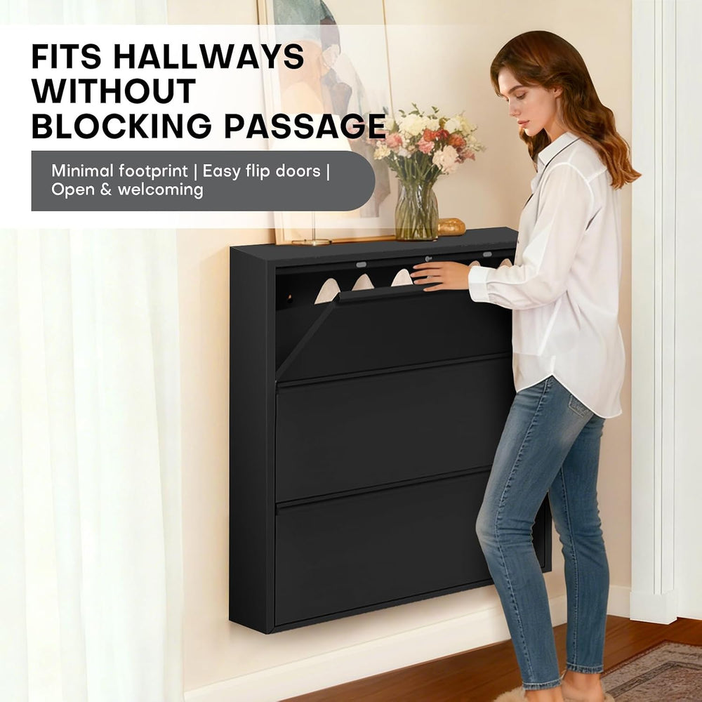Shoe Storage Cabinet with 3 Flip Drawers, Hidden Slim Narrow Shoe Rack Cabine...