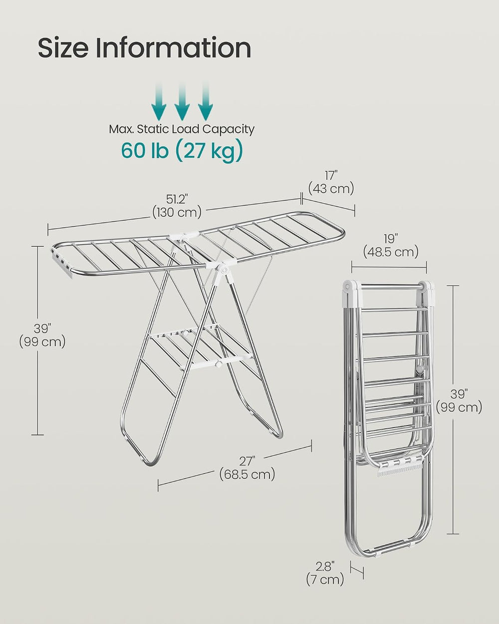SONGMICS Clothes Drying Rack, Foldable Metal Airer, 19.3 x 51.2 x 39.4 in