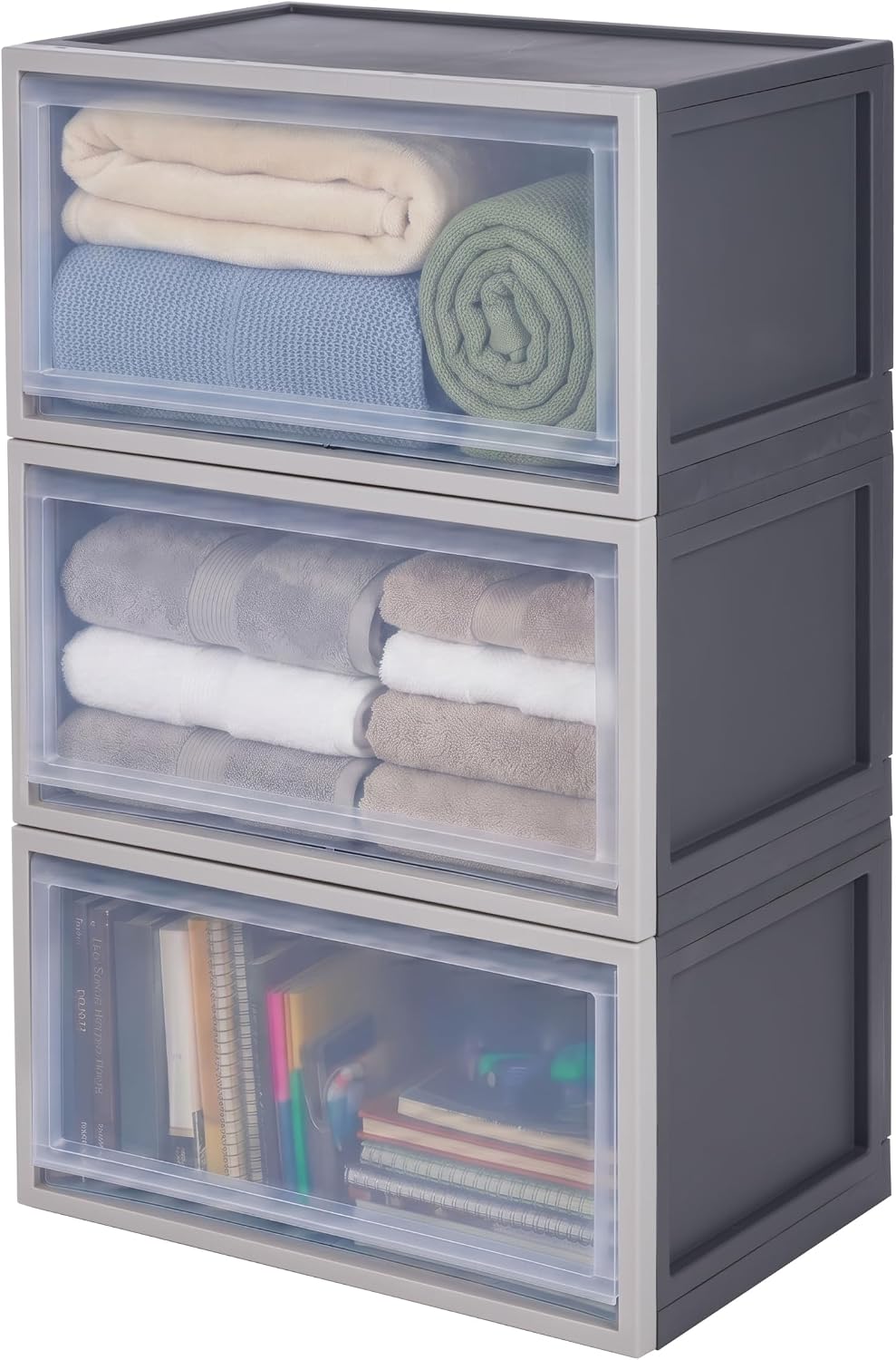 IRIS USA 53 Qt Stackable Storage Bins, 3-Pack, Front Access, Gray