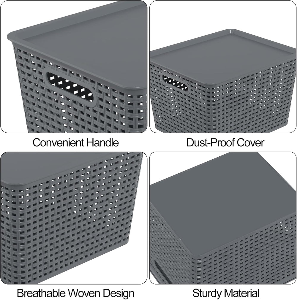 6-Pack Large Plastic Storage Basket Bins with Lid, Gray