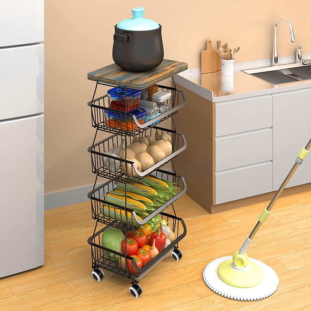 5-Tier Rolling Pantry Floor Organizer with Wheel Stackable Fruit Vegetable St...