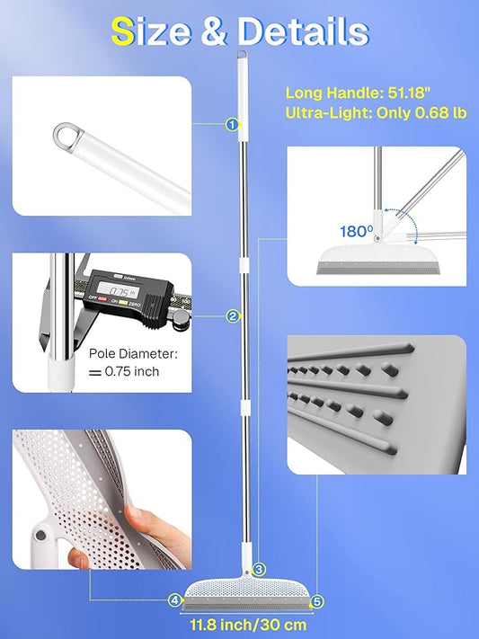 Floor Squeegee & Broom with Long Handle, 180° Rotating Head Silicone Blade - Image 2