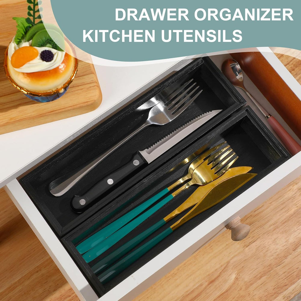 Uiifan Bamboo Drawer Organizer Black 10 x 3 x 2'' Stackable for Kitchen