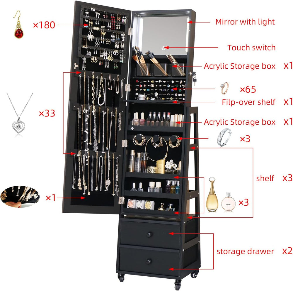 Standing Jewelry Armoire Cabinet Lockable Full Length Mirror with Drawer