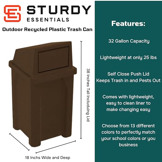 32 Gallon Square 100% Recycled Plastic Heavy Duty Outdoor Trash Can - Image 2