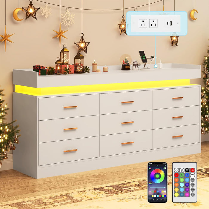 jiteentarou 9 Drawer Dresser with Charging Station and LED Lights, Modern Chest of Drawers with Power Outlet, Organizer Cabinet for Bedroom, Living Room, Entryway, White
