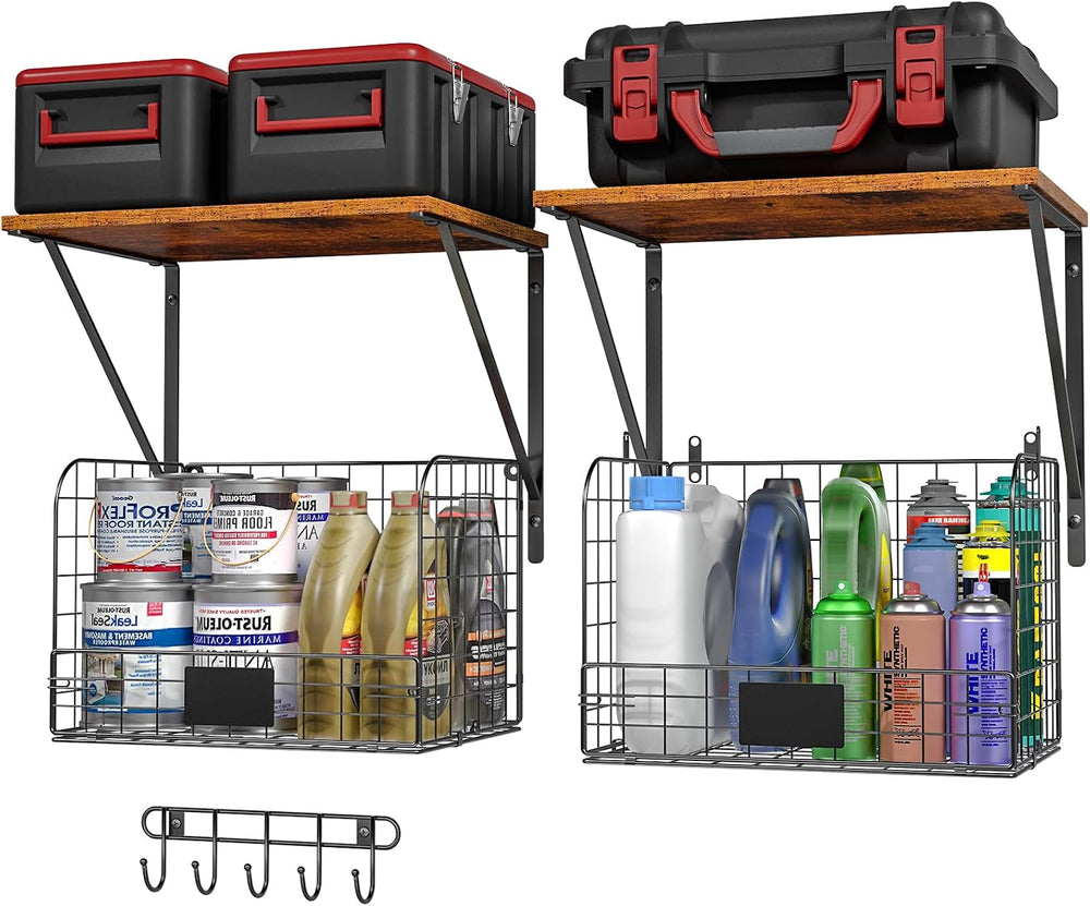 ThreeHio 2 Pack Garage Shelves Wall Mounted with Wire Storage baskets, Heavy ...