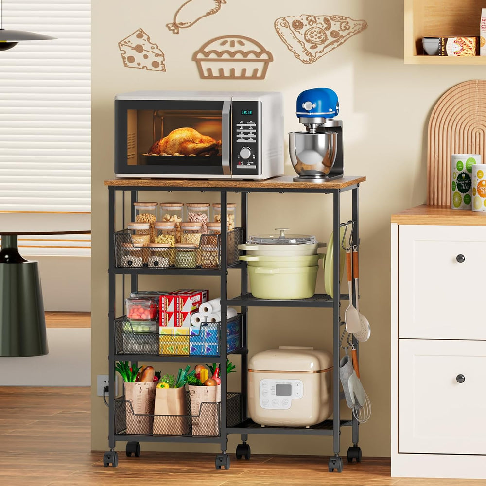 Rolling Kitchen Microwave Organizer Cart, Adjustable Shelves, Black