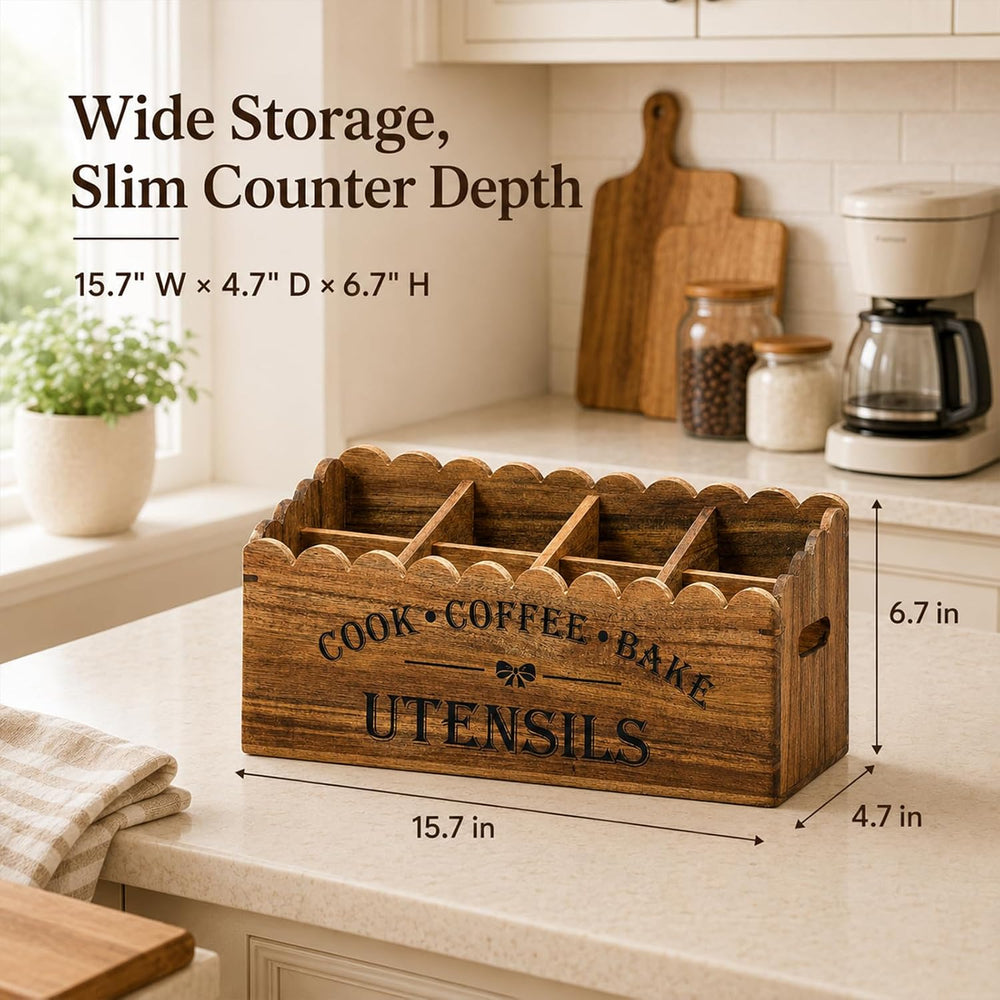 Acacia Wood Utensil Holder for Counter, 4-Compartment Organizer