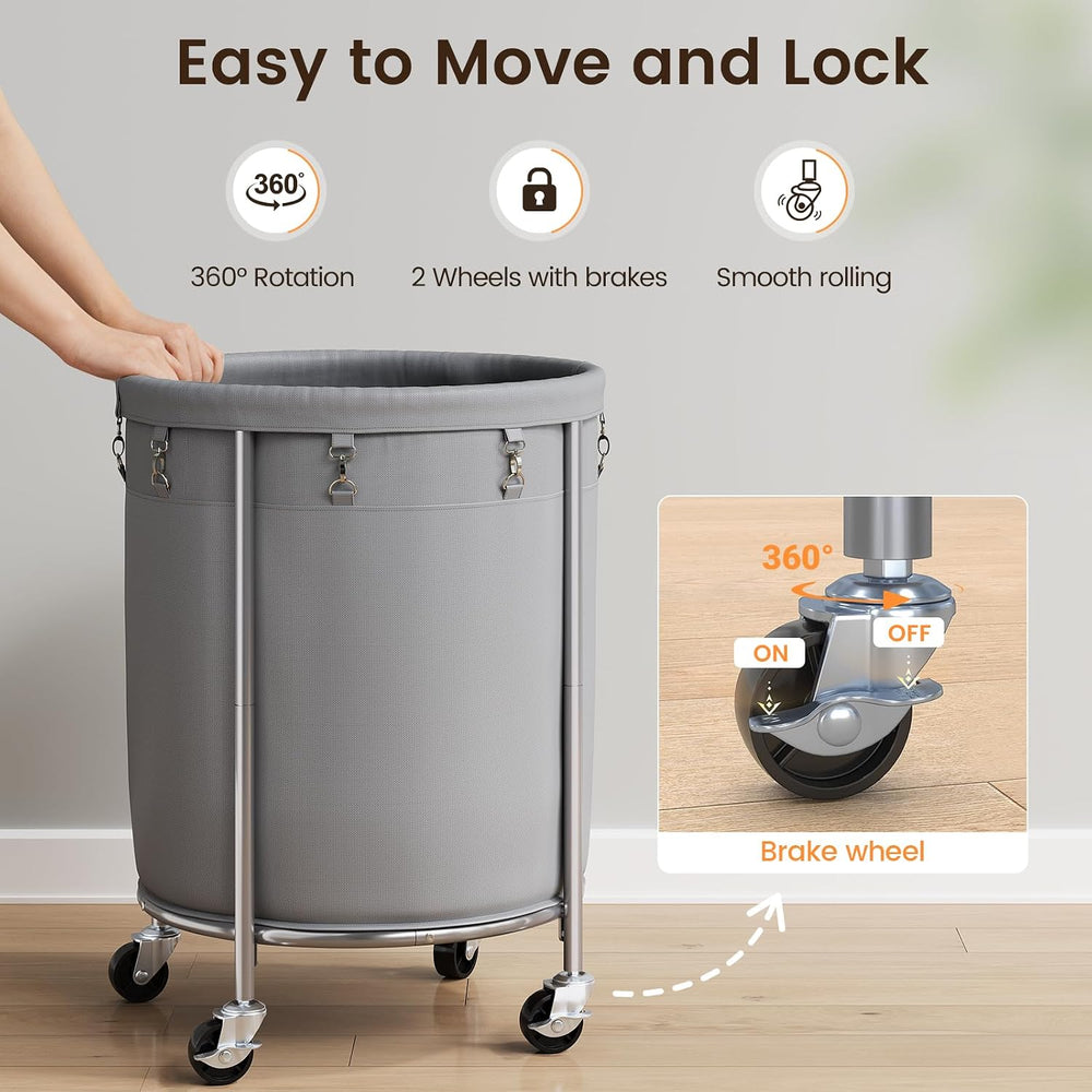 ELYKEN Laundry Basket with Wheels, Round Rolling Laundry Hamper, Gray