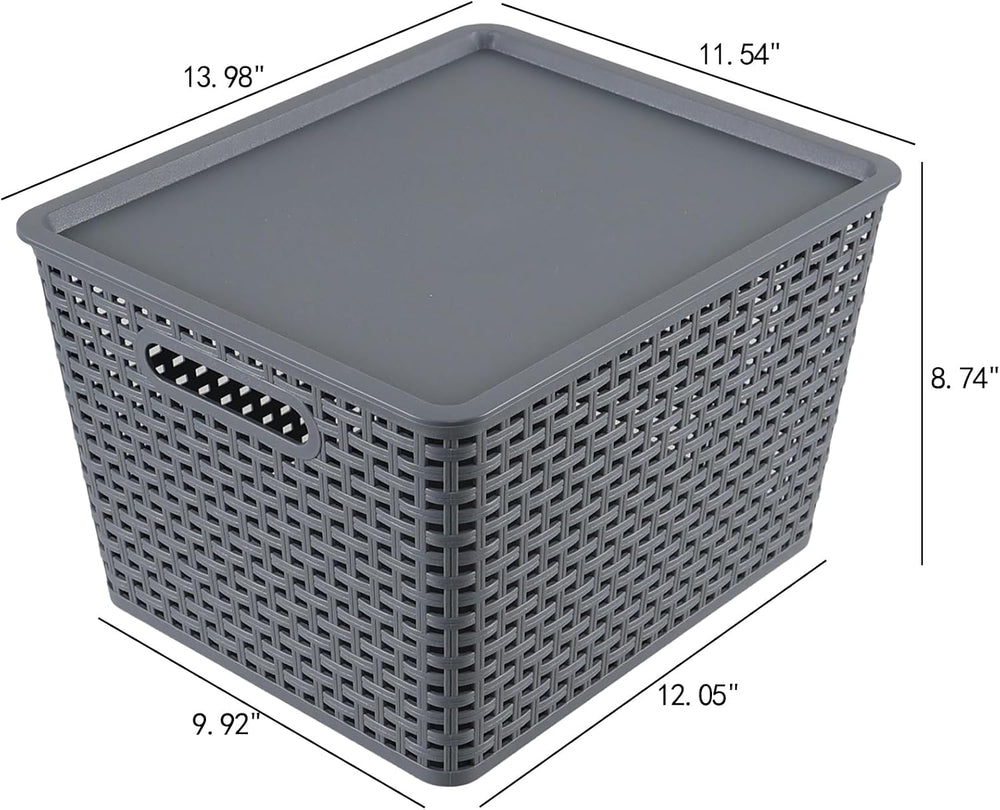 Ggbin 6-Pack Large Plastic Weave Storage Baskets Bins with Lids, Grey