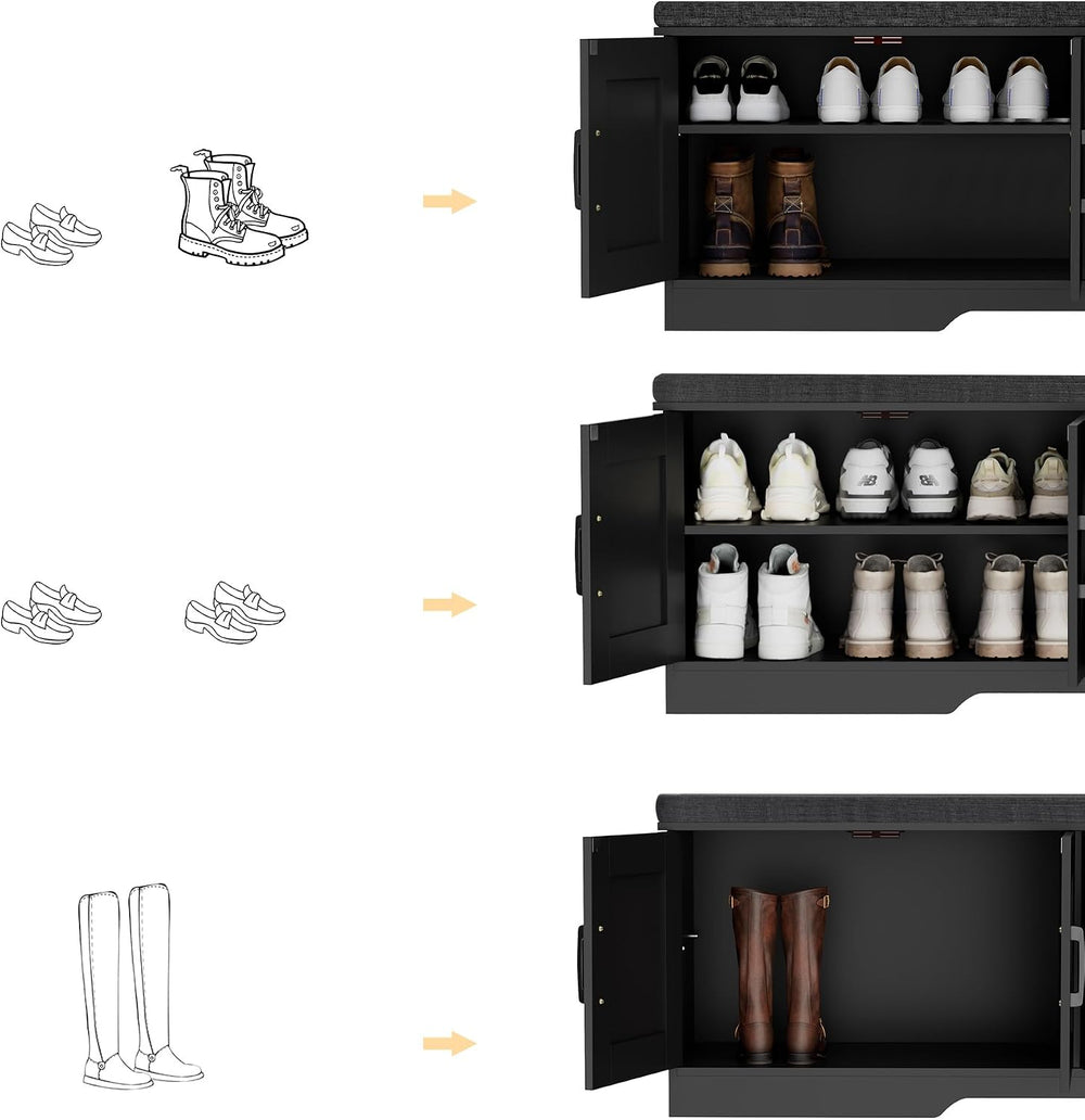HOMSHO Farmhouse Shoe Storage Bench with 4 Barn Doors & Padded Seat Cushion
