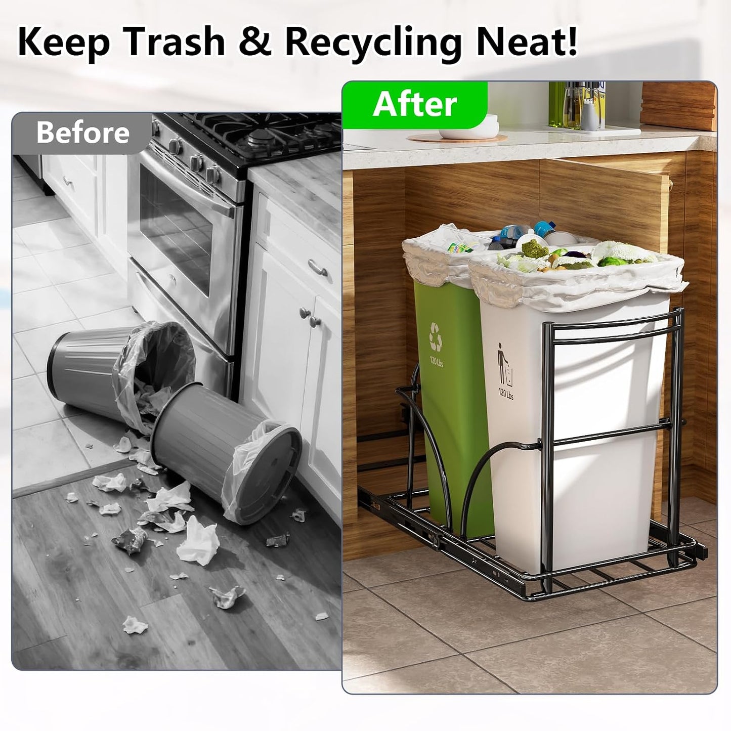Dual Trash Can Pull Out Under Kitchen Sink Counter, NO CAN, Slider | For 35Qt Bins(7-9 Gal), Recycling Bin & Garbage Can Pullout Kit, Quiet Close Sturdy Shelf, Requires Cabinet ≥16"W*17"H*23"D
