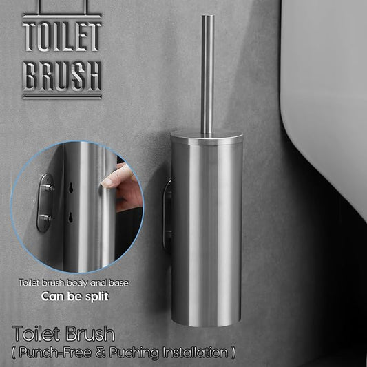 Brushed Stainless Steel Toilet Brush and Cover, No-Punch Hook Base Dual Purpose - Image 2