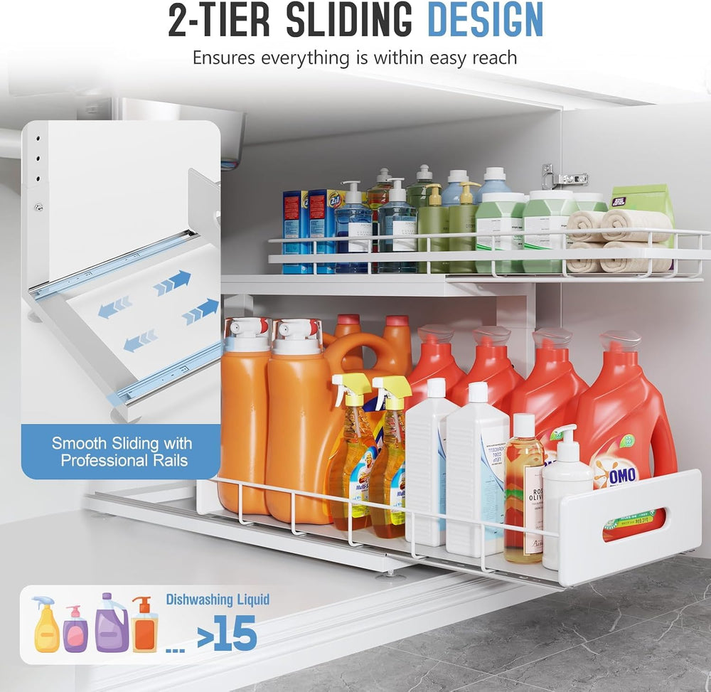Under Sink Organizer Upgrade To Professional Rails,2-Tier Dual Pull Out Cabin...