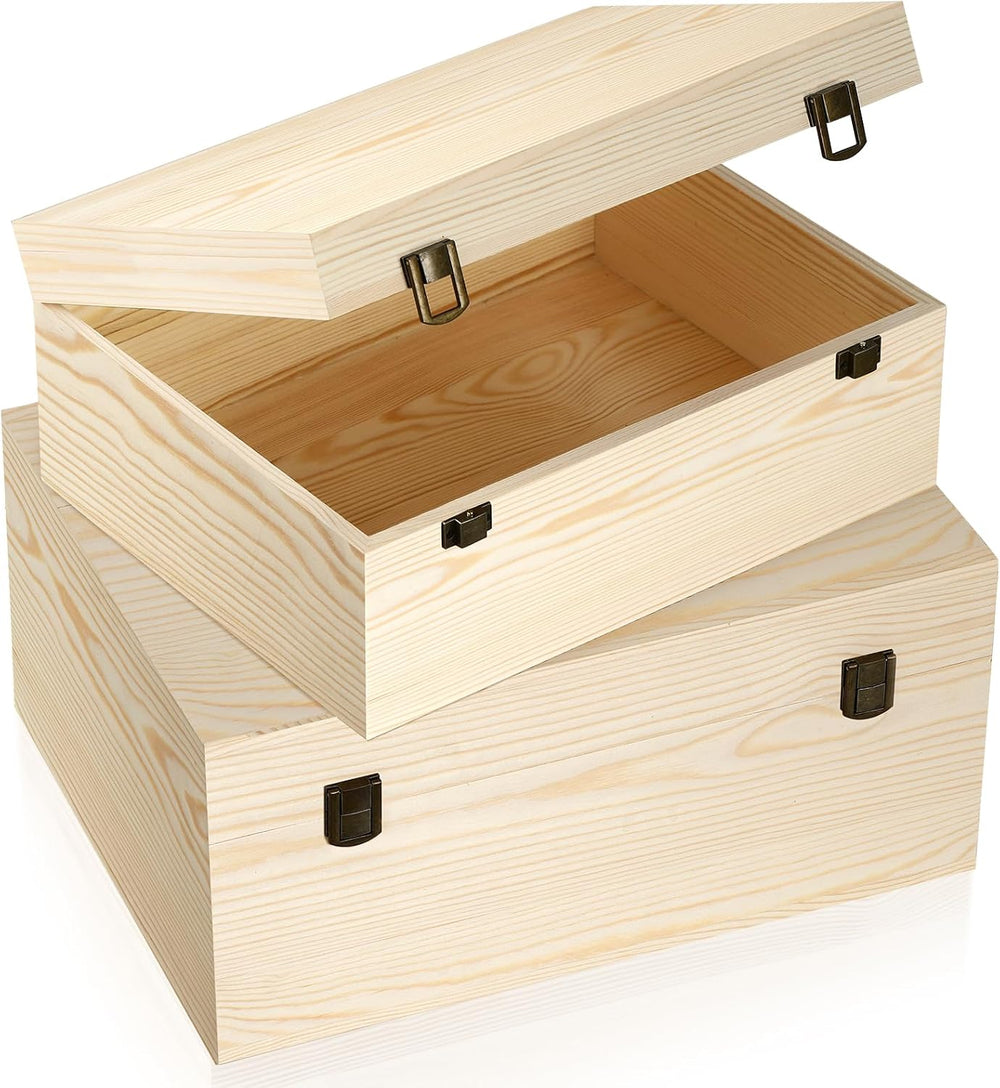 Large Unfinished Wooden Boxes Set of 2 Sizes Wood Box with Hinged Lid