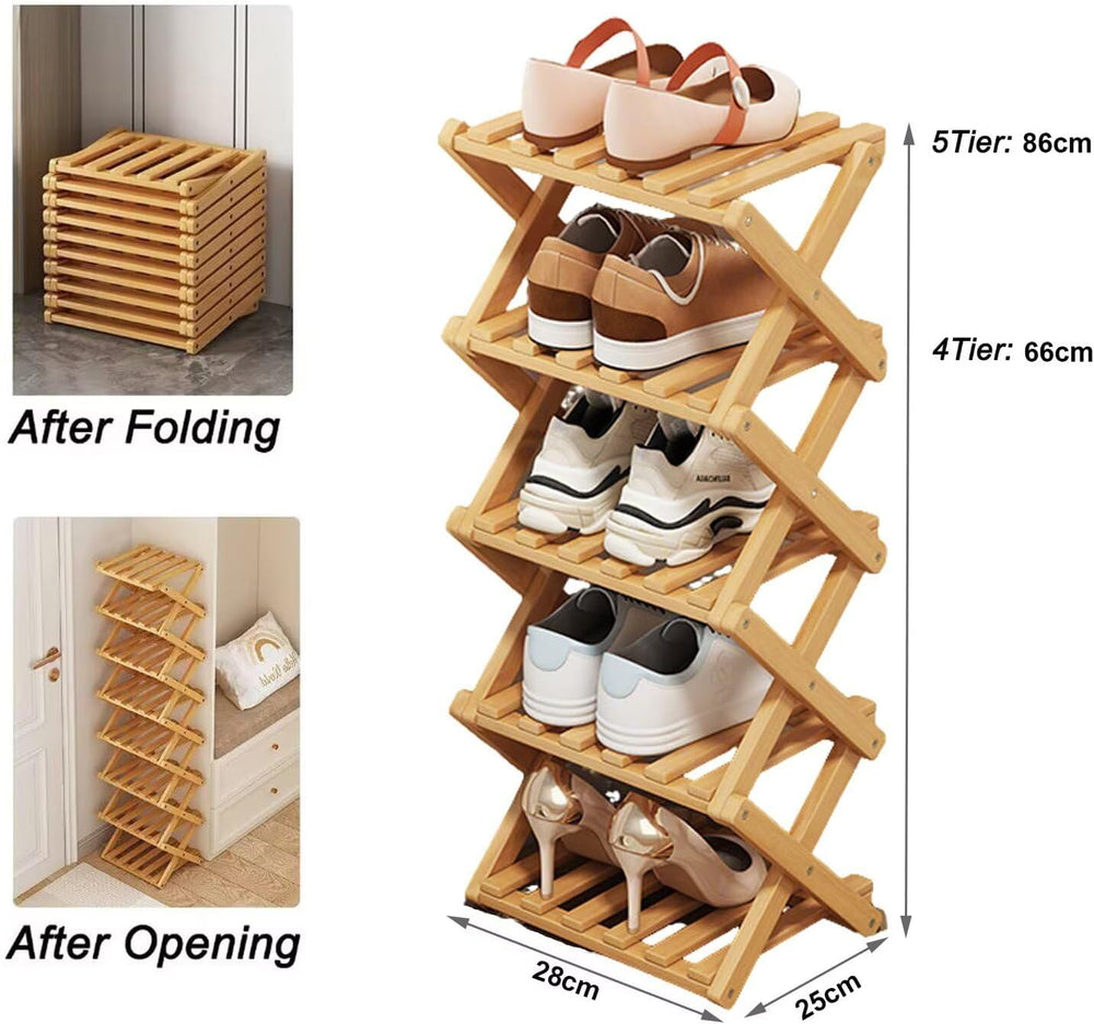 Vertical Shoe Rack Folding 4 Tier, Narrow Shoe Storage Rack, Bamboo Shoe Shel...