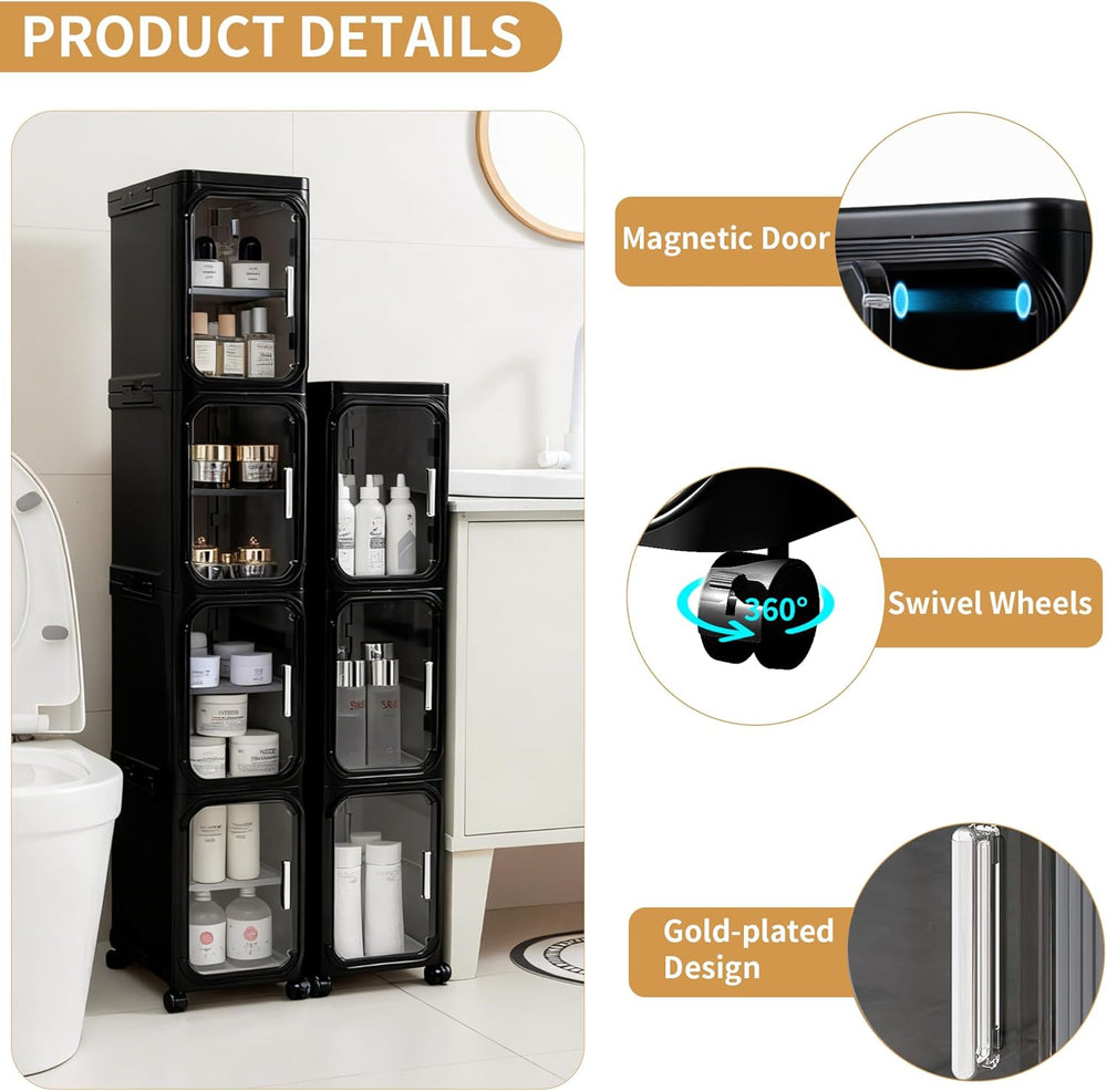 2-Tier Narrow Slim Bathroom Storage Cabinet with Wheels, Black