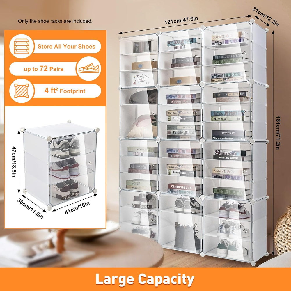 12-Tier 3-Line Dustproof Shoe Boxes 72 Pairs Clear Shoe Rack Organizer Stacka...