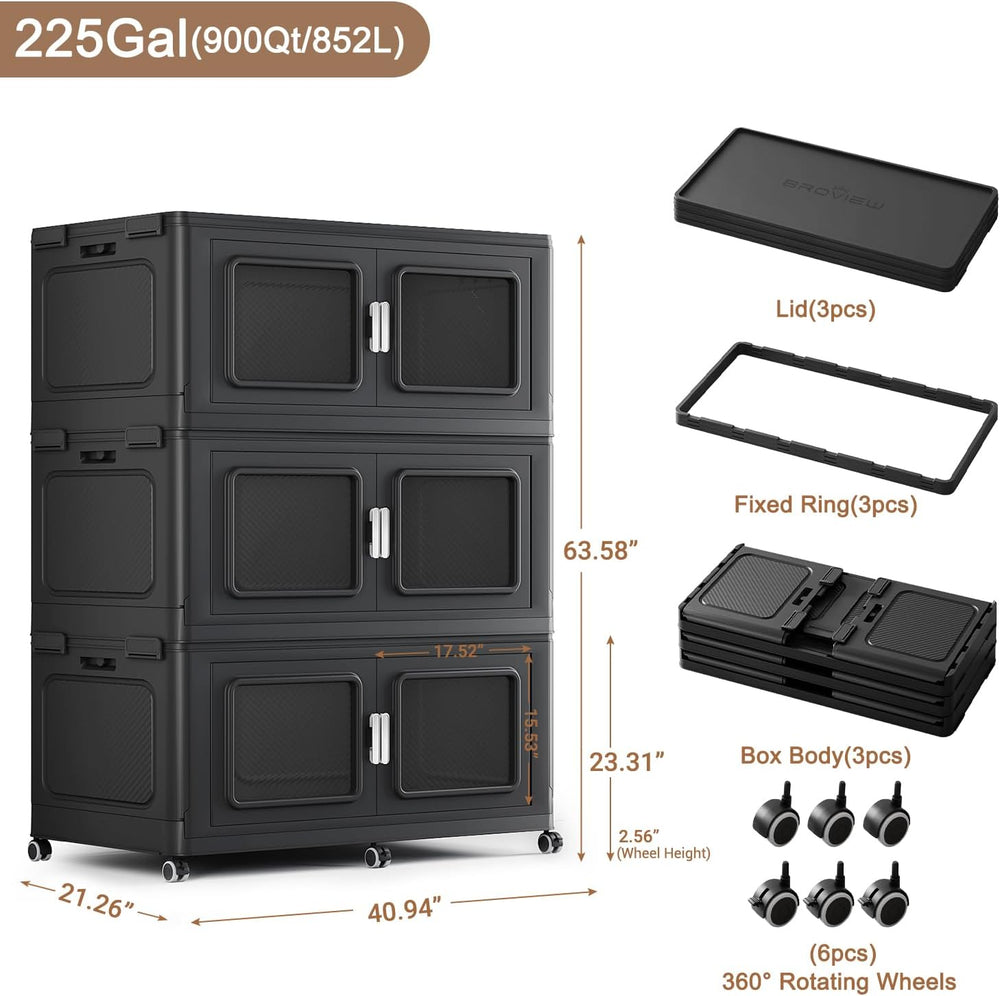 BROVIEW 900 Qt/225 Gal Stackable Storage Bins with Lids, 3 Pack, Black