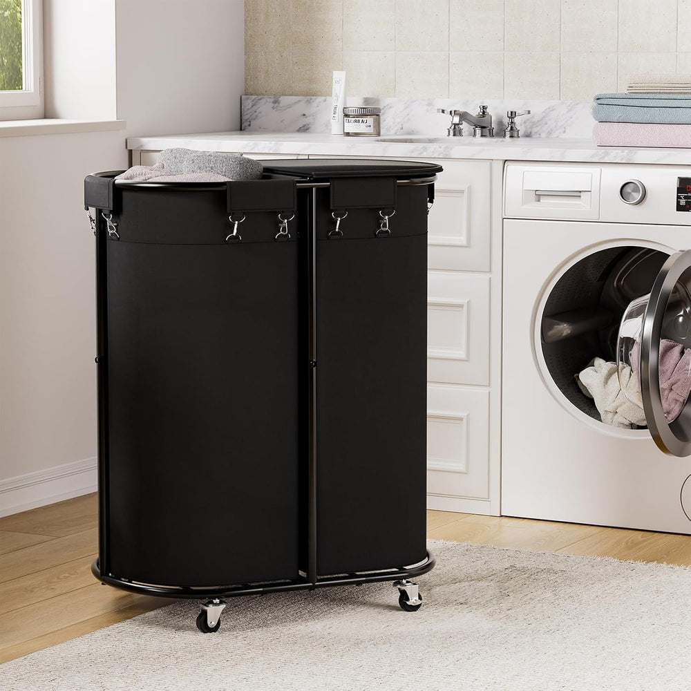 200L Double Laundry Hamper with Lid & Wheels, Oval Rolling Laundry Basket