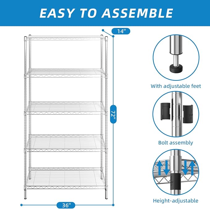 5-Shelf Adjustable Metal Shelf Wire Shelving Unit Storage Rack Display Shelf