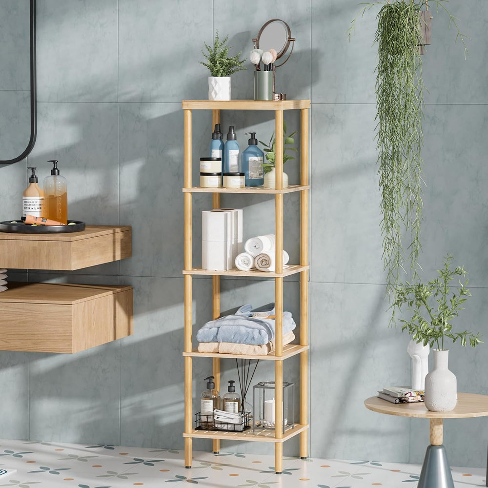 AmazerBath 5-Tier Bamboo Bathroom Shelf, Bathroom Standing Shelves, Multifunc...