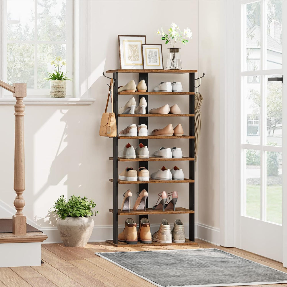 HOOBRO 8 Tiers Vertical Shoe Rack, Wooden Shoe Storage Organizer with Hooks, ...