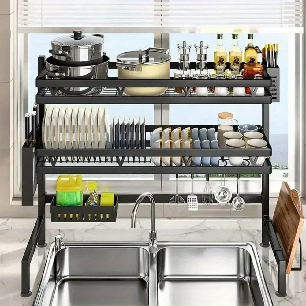 3-Tier Over Sink Dish Draining Rack Adjustable Width and Height with Phone Ho...